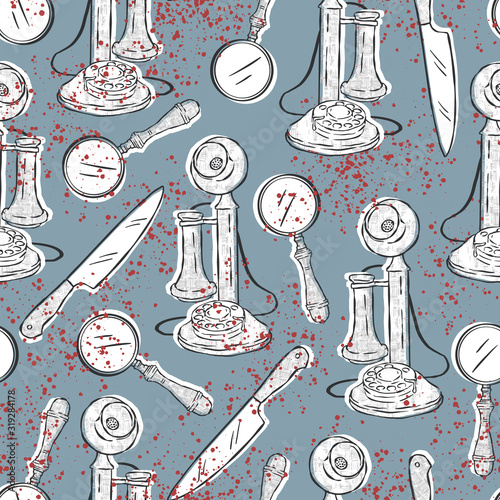 Vector murder mystery novel seamless pattern in retro style. Hand drawn illustration of old phone, knife, magnifier and blood stains. Book cover design.
