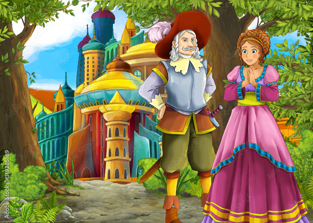 Cartoon nature scene with beautiful castle with prince and princess Cartoon nature scene with beautiful castle with prince and princess