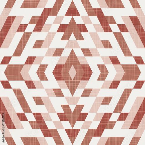 Kilim geo seamless pattern in terra cotta colors with linen texture overlay. Terracotta burnt earth colour geometric warm seamless repeat vector eps 10 pattern swatch.