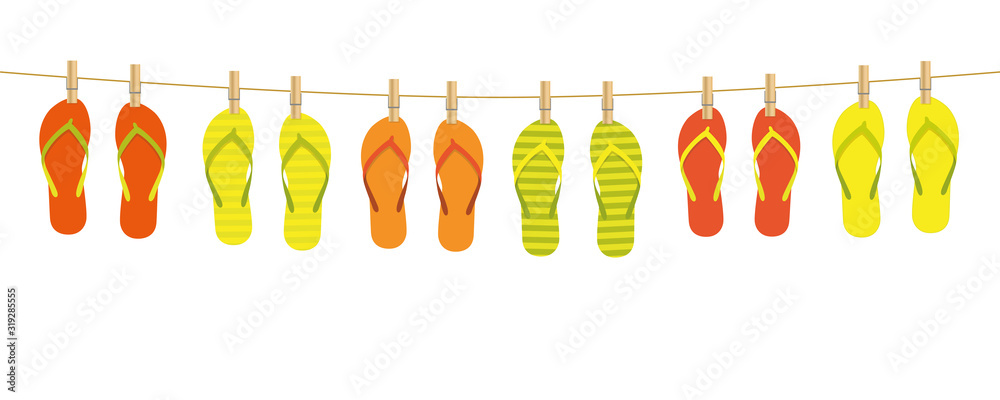 colorful pattern flip flops hanging on a rope on white background summer holiday design vector illustration EPS10 colorful pattern flip flops hanging on a rope on white background summer holiday design vector illustration EPS10