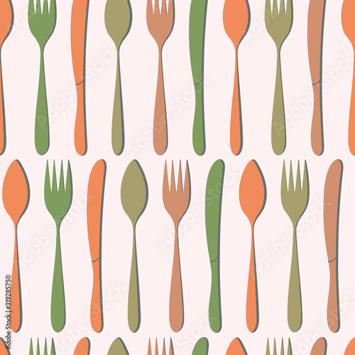 Seamless pattern. Silhouettes Of Cutlery. Horizontal strips of spoons forks and knives.Kitchen utensils.