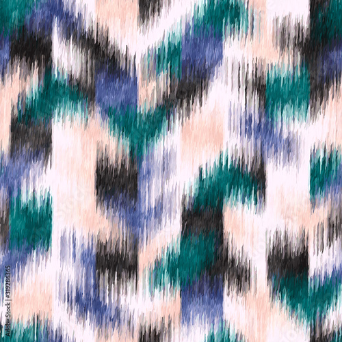 Noisy stylized grungy ikat geo work rug distressed design. Tribal ethnic vivid feminine bohemian boho seamless repeat vector eps 10 pattern swatch.