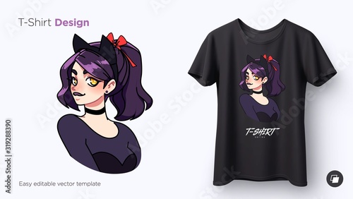 T-shirt design of cute stylish smiling girl with cat ears. Anime style illustration for t-shirts, posters, sweatshirts and souvenirs
