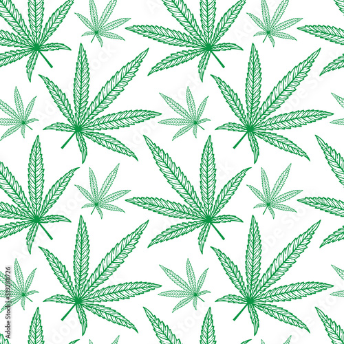 Hand drawn cannabis leaves seamless background. Hemp leaves endless pattern. Marijuana sketch drawing seamless texture. Part of set.
