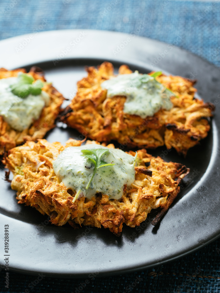 Parsnip, Carrot Fritters with Yogurt Zhoug Sauce