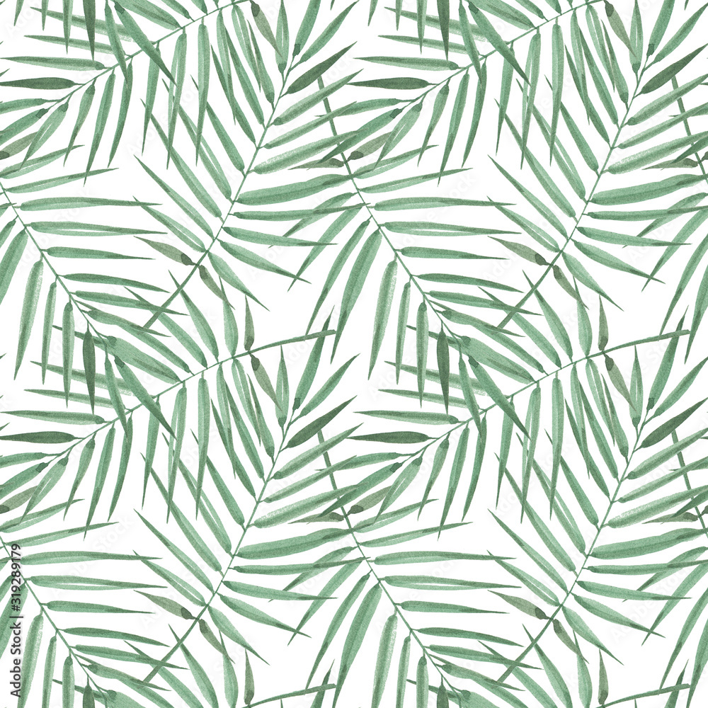 Seamless pattern of exotic palm trees. Watercolor Green leaves on white background. Tropical leaf.