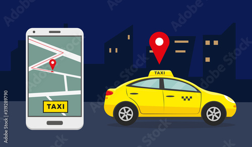 Yellow taxi in night city and smartphone with app.