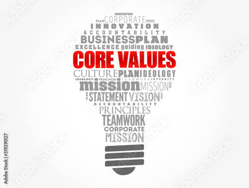 Core values light bulb word cloud collage, business concept background