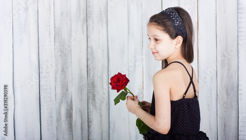 Little girl in black dress stays back and hold a red rose. Indoor photo shot. Empty space for your text