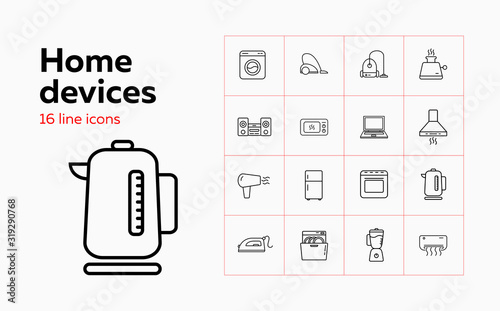 Home devices line icon set. Set of line icons on white background. Soundbar, conditioner, fridge. Vector illustration can be used for topics like home, kitchen, technics