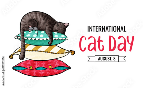 Postcard for the international cat day on August 8. Funny cartoon cat and little mouse are sleeping on a pile of colored pillow. Happy animals Print to greeting card, poster, flyer
