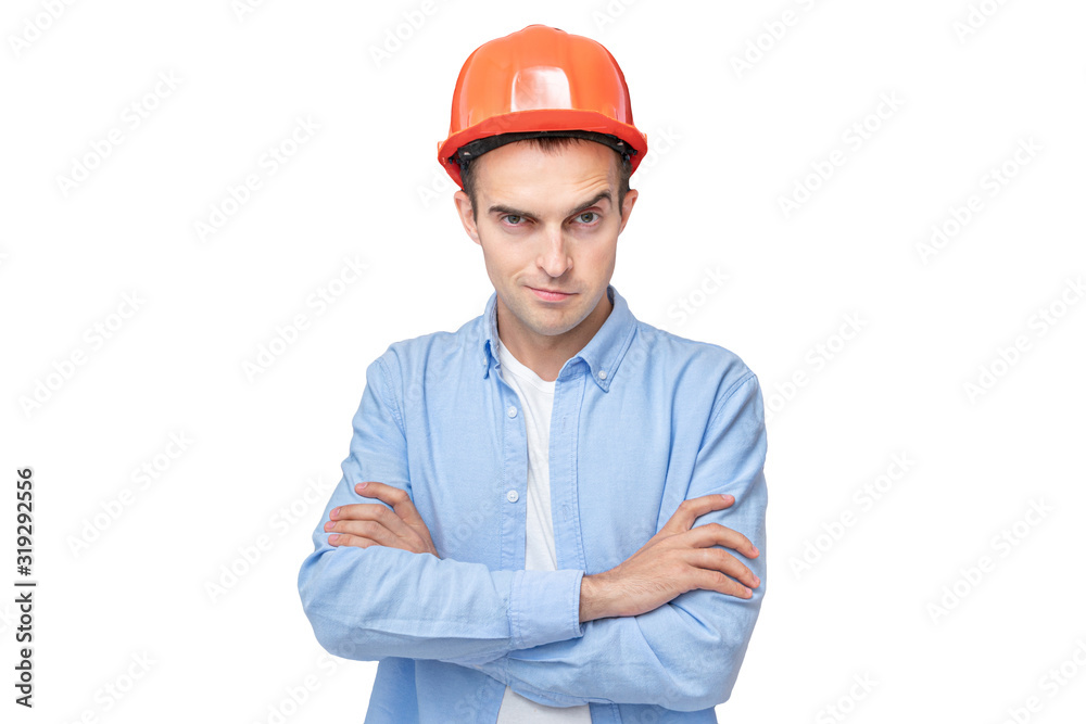 Attractive builder in hardhat, isolated background, copy space Attractive builder in hardhat, isolated background, copy space