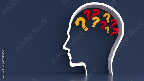 Moving Questionmarks in Human Head outline in front of a color wall background. Business Psychology concept