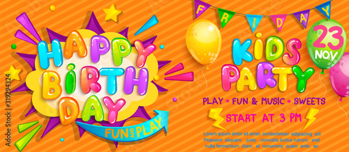 Invitation for kids party on birthday with welcome flags, balloons and burst with wishing happy birthday. Design template for celebration.Great for invitation flyers,posters,cards.Vector illustration.