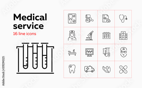 Medical service line icon set. Hospital, microscope, doctor, cardiogram. Medicine concept. Can be used for topics like healthcare, insurance, teeth care