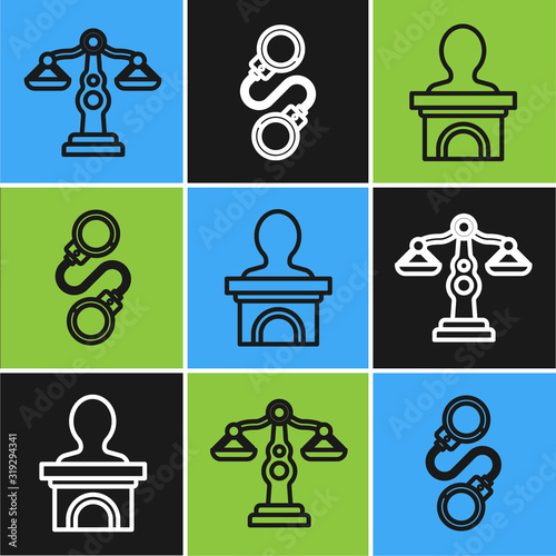 Set line Scales of justice, Stage stand or debate podium rostrum and Handcuffs icon. Vector