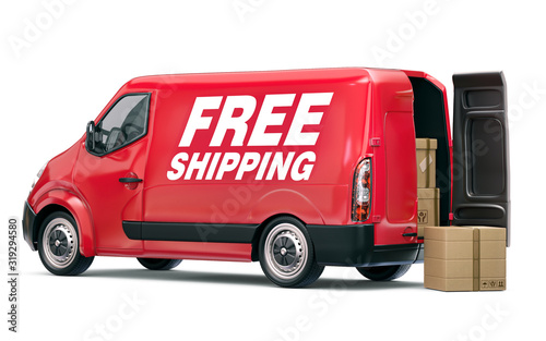 3D Red Van with Free Shipping text and cardboard isolated