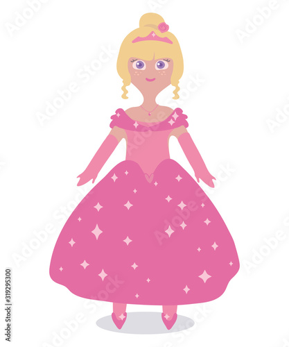 Pink vector beautiful cute princess doll in a magnificent ball gown and crown illustration isolated on white background.