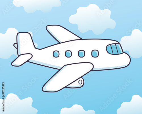 White jet airplane in the sky and clouds