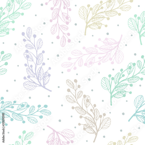 Decorative seamless pattern vector. Hand drawn doodle branches  leaves and berries on a white background. Pattern for design cards  invitations  wallpaper  wrapping paper.