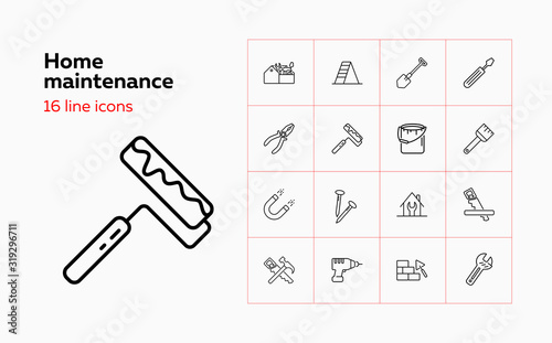 Home maintenance line icon set. Tool box, painting brush, wrench. Construction concept. Can be used for topics like housing housekeeping, renovation, repair