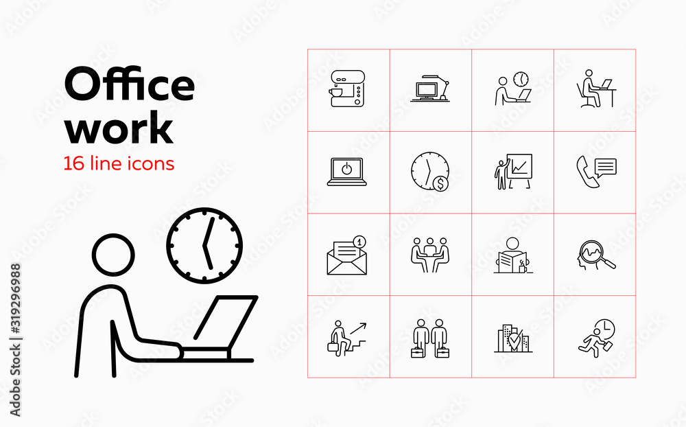 Office work icons. Set of line icons on white background. E-mail sign, partners, clock, coffee machine. Can be used for topics like office, business, partnership