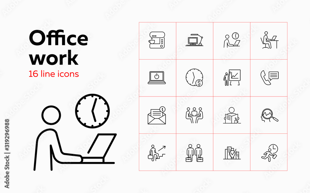 Office work icons. Set of line icons on white background. E-mail sign, partners, clock, coffee machine. Can be used for topics like office, business, partnership Office work icons. Set of line icons on white background. E-mail sign, partners, clock, coffee machine. Can be used for topics like office, business, partnership