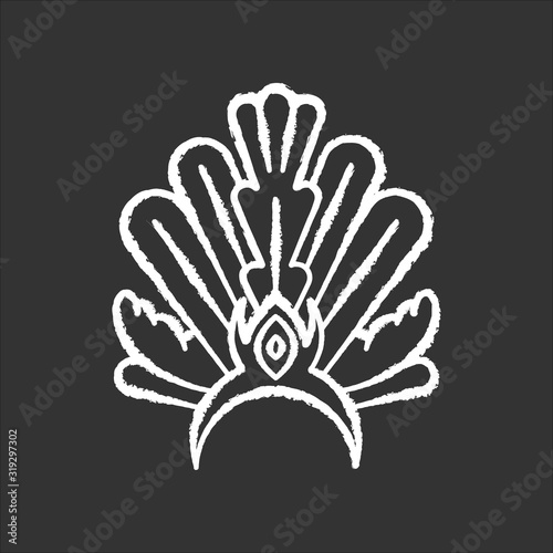 Brazilian carnival headwear chalk white icon on black background. Crown with plumage. Ethnic wear. Traditional festival. National holiday. Masquerade parade. Isolated vector chalkboard illustration