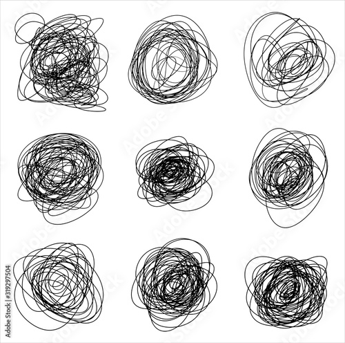 Set of abstract tangled hand drawn scrawls in. Black vector doodle shapes of messy lines for graphic and package design.