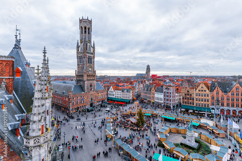 Cityscape and main square in Bruges (Belgium), Belfry Tower