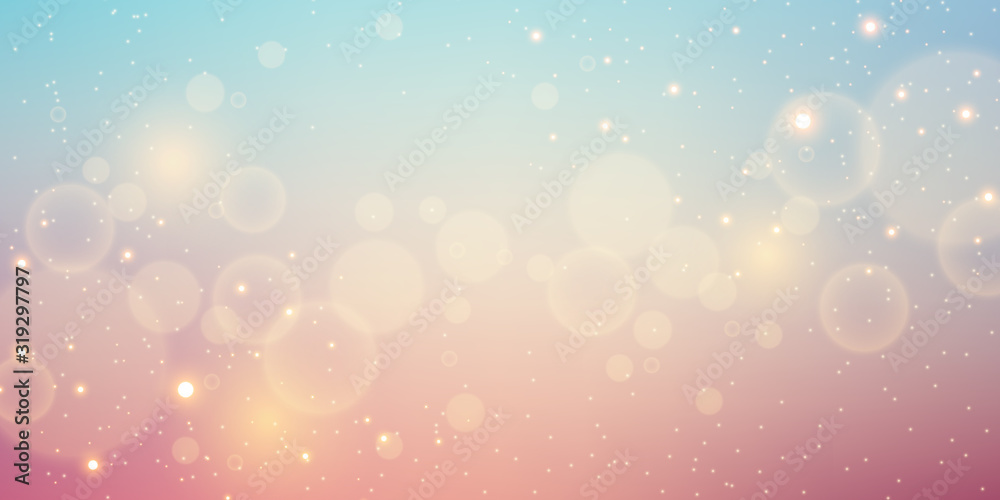 Abstract blue color blurred background with circles bokeh and glitter sparkle light. Cosmos. Holiday. Panorama.  EPS 10