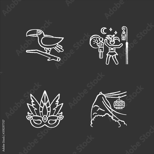 Brazilian carnival chalk white icons set on black background. Traditional masquerade. Street party. Masquerade mask. Toucan. Ropeway. National festival. Isolated vector chalkboard illustrations
