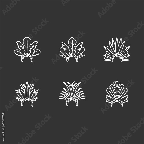 Brazilian carnival hat chalk white icons set on black background. Crown  plumage. Traditional headwear. Ethnic festival. National holiday. Masquerade parade. Isolated vector chalkboard illustrations