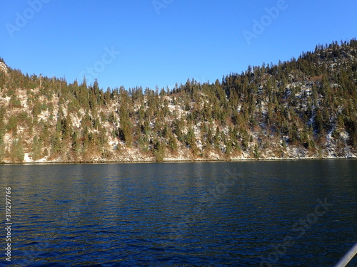 Sunlit coastal hills in winter