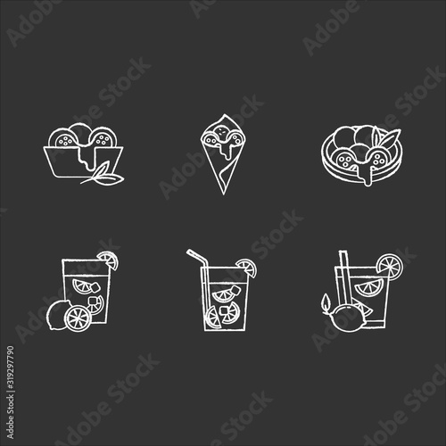 Brazilian cuisine chalk white icons set on black background. Arancini. Cheese bread. Caipirinha. Alcoholic beverage with lime. Traditional food and cocktail. Isolated vector chalkboard illustrations