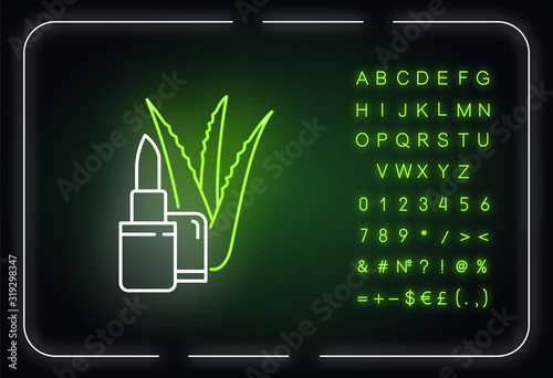 Organic lip balm neon light icon. Organic cosmetic with aloe vera extract. Plant based cosmetic. Outer glowing effect. Sign with alphabet, numbers and symbols. Vector isolated RGB color illustration