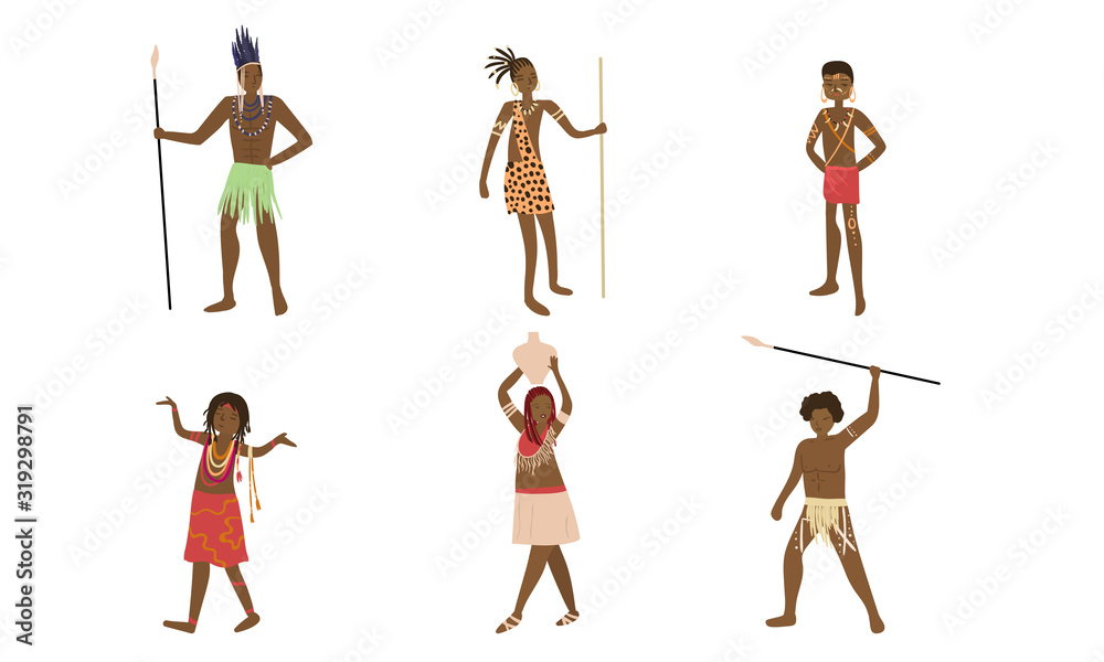 Men and women Papuan in traditional costumes vector illustration Men and women Papuan in traditional costumes vector illustration
