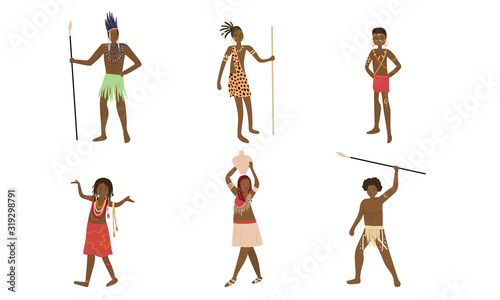 Men and women Papuan in traditional costumes vector illustration
