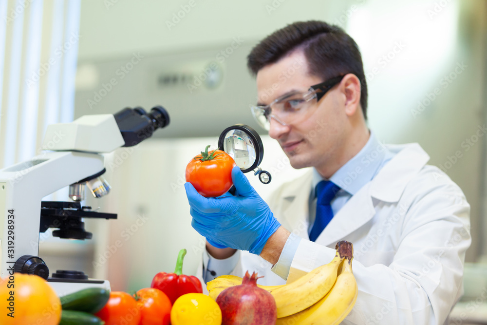 Laboratory worker examining fruits and vegetables and making analysis for pesticides and nitrates. Laboratory worker examining fruits and vegetables and making analysis for pesticides and nitrates.