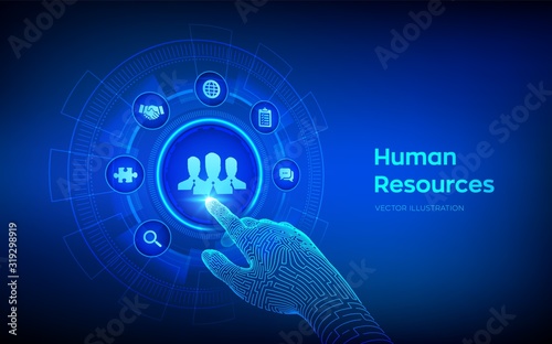 Human Resources. HR management, recruitment, employment, headhunting business concept. Human social network and leadership. Robotic hand touching digital interface. Vector illustration.