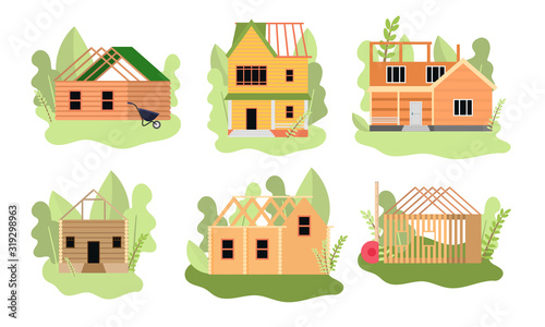 Diifferent stages of wooden house construction vector illustration