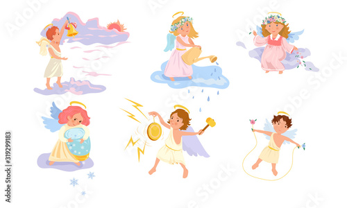 Boys and girls angels making mircles and playing vector illustration