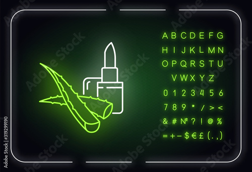 Vegan lip balm neon light icon. Organic lipcare with aloe vera. Cosmetic product. Outer glowing effect. Sign with alphabet, numbers and symbols. Vector isolated RGB color illustration