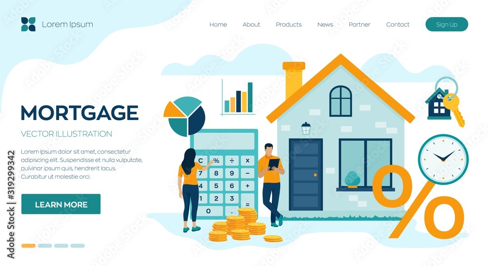 Mortgage concept. House loan or money investment to real estate. Property money investment contract. Buying Home. Man and woman calculates home mortgage rate. Vector illustration with characters.