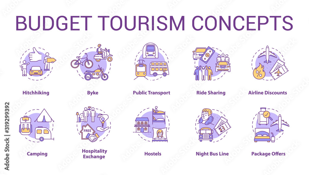 Budget tourism concept icons set. Affordable travel idea thin line RGB color illustrations. Money saving tips for tourists. Cheap transport and rest. Vector isolated outline drawings. Editable stroke