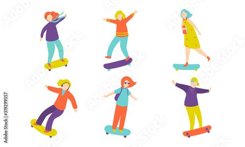 Women and men riding skateboard vector illustration