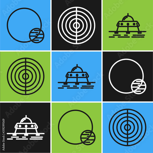 Set line Planet, Mars rover and Earth structure icon. Vector