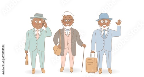 Set stylish African American businessman.Old men in fashion clothes. Cartoon style vector illustration.