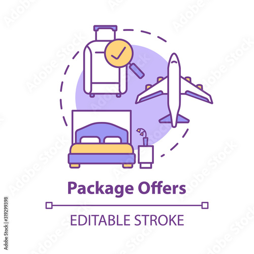 Package offers concept icon. Cost effective, all inclusive tour idea thin line illustration. Transportation and accommodation included. Vector isolated outline RGB color drawing. Editable stroke