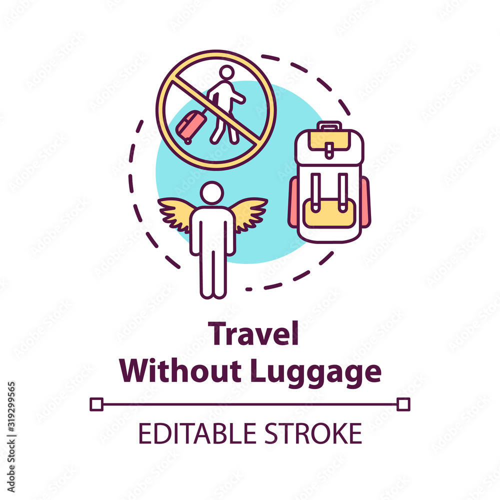 Travel without luggage concept icon. Budget tourism, no baggage fee expenses idea thin line illustration. Light trip without suitcase. Vector isolated outline RGB color drawing. Editable stroke